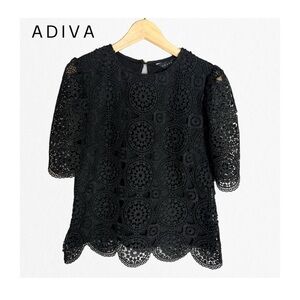🤩ADIVA Women’s Black Lace Blouse with Puffy Short Sleeves with Gold Butt…
